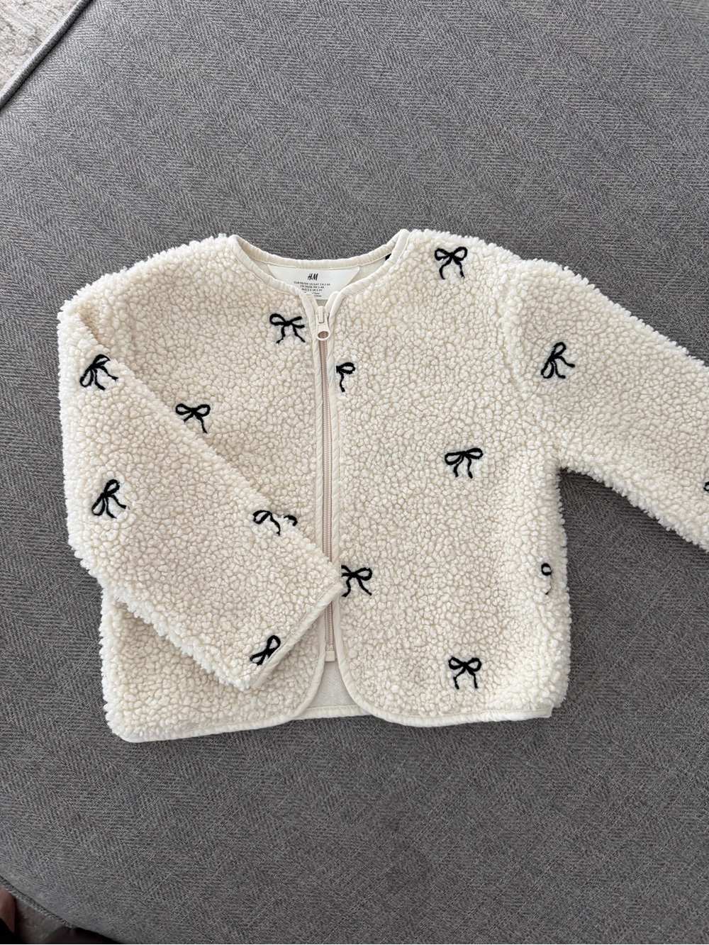 H&M Cream Sherpa Jacket with Black Bow Embroidery